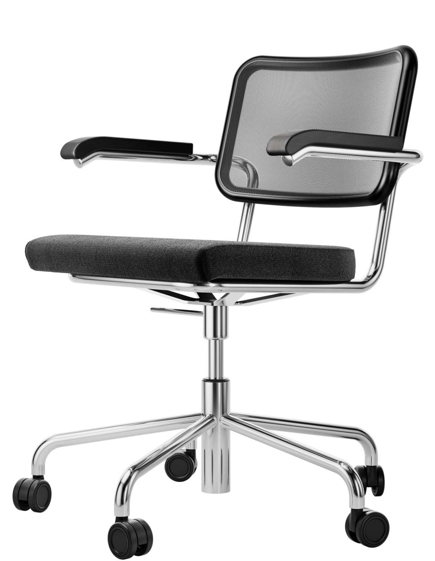 Thonet S 64 Drehstuhl mit Netzrücken, schwarzem Sitzpolster und Chromgestell auf Rollen.